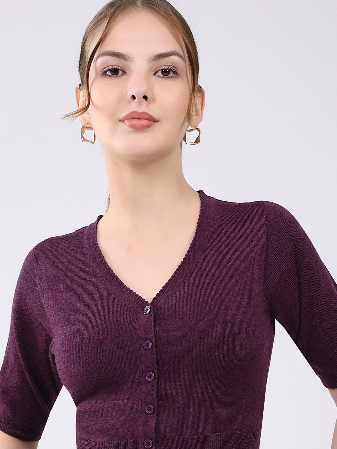 Women Maroon Solid Front Open Half Sleeve Cardigan