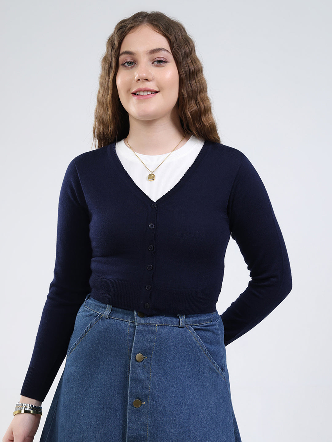 Women Navy Blue Solid V Neck Full Sleeve Cardigan