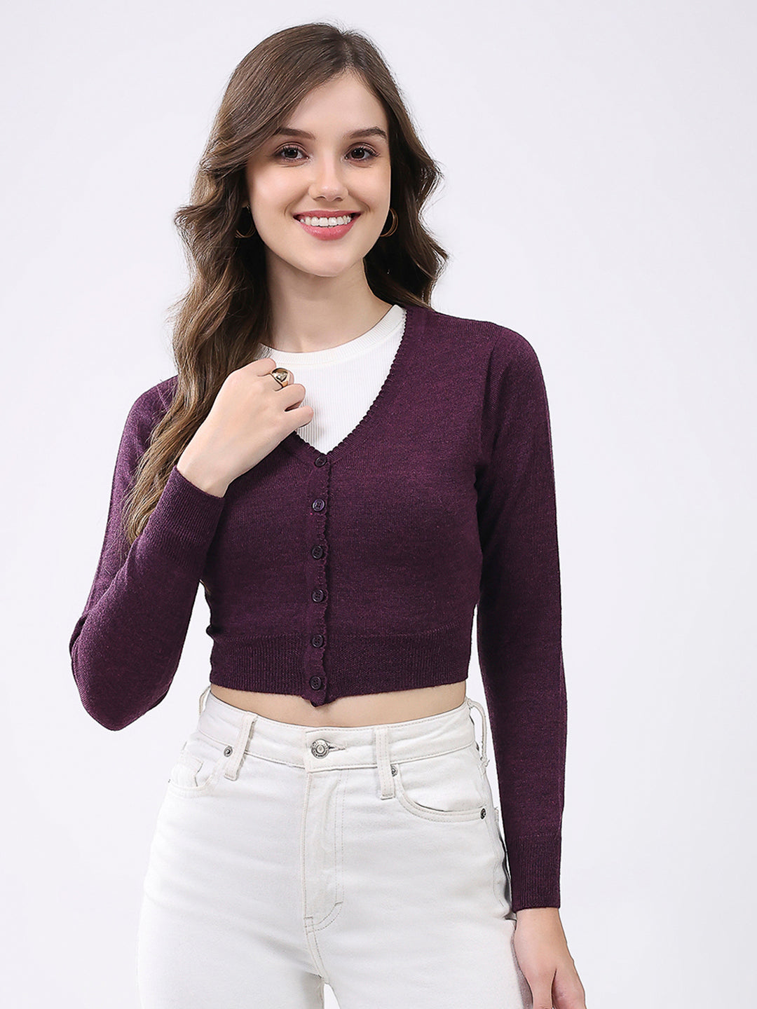 Women Purple Solid V Neck Full Sleeve Cardigan
