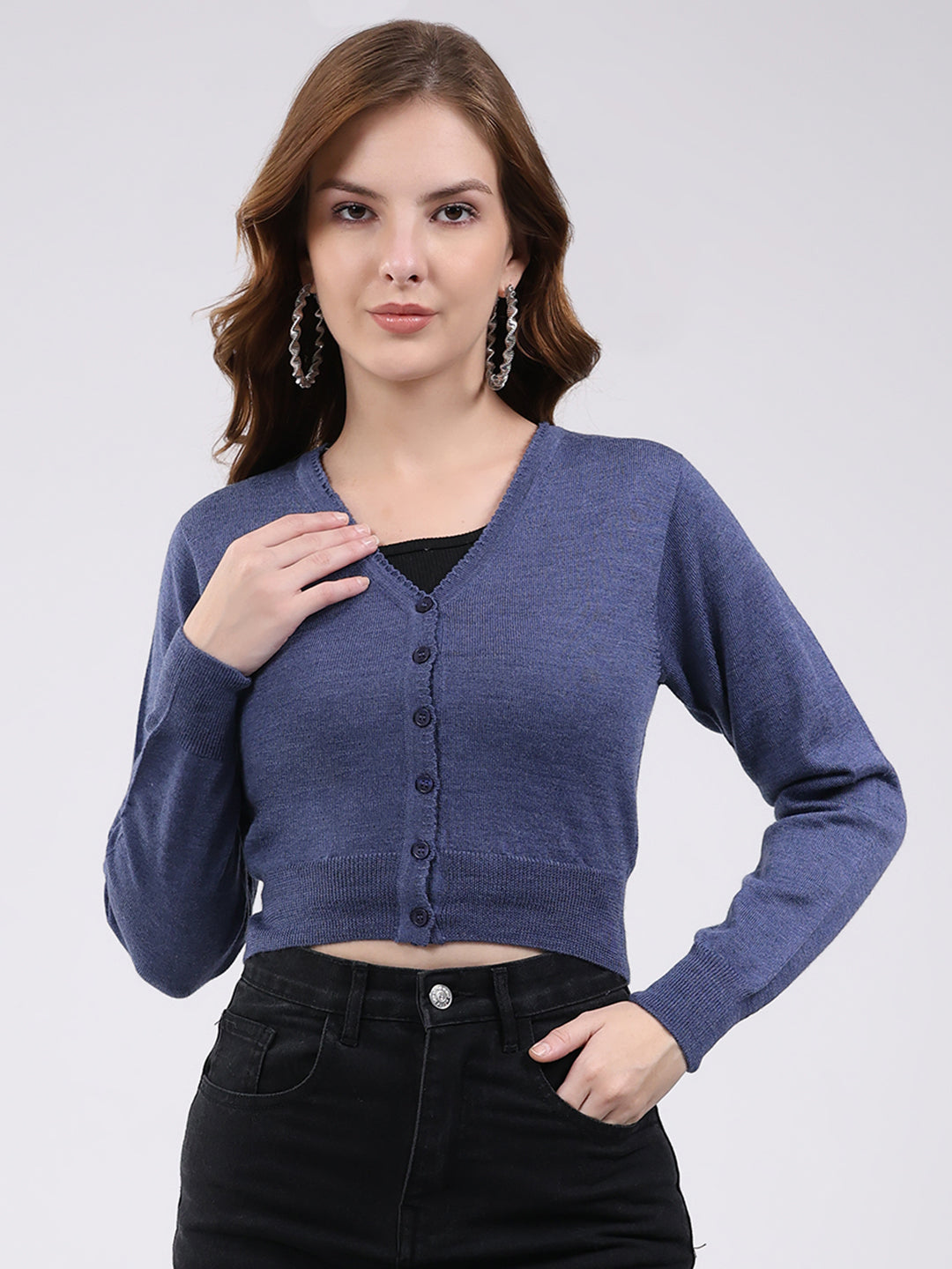 Women Navy Blue Solid V Neck Full Sleeve Blouse