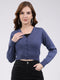 Women Navy Blue Solid V Neck Full Sleeve Blouse