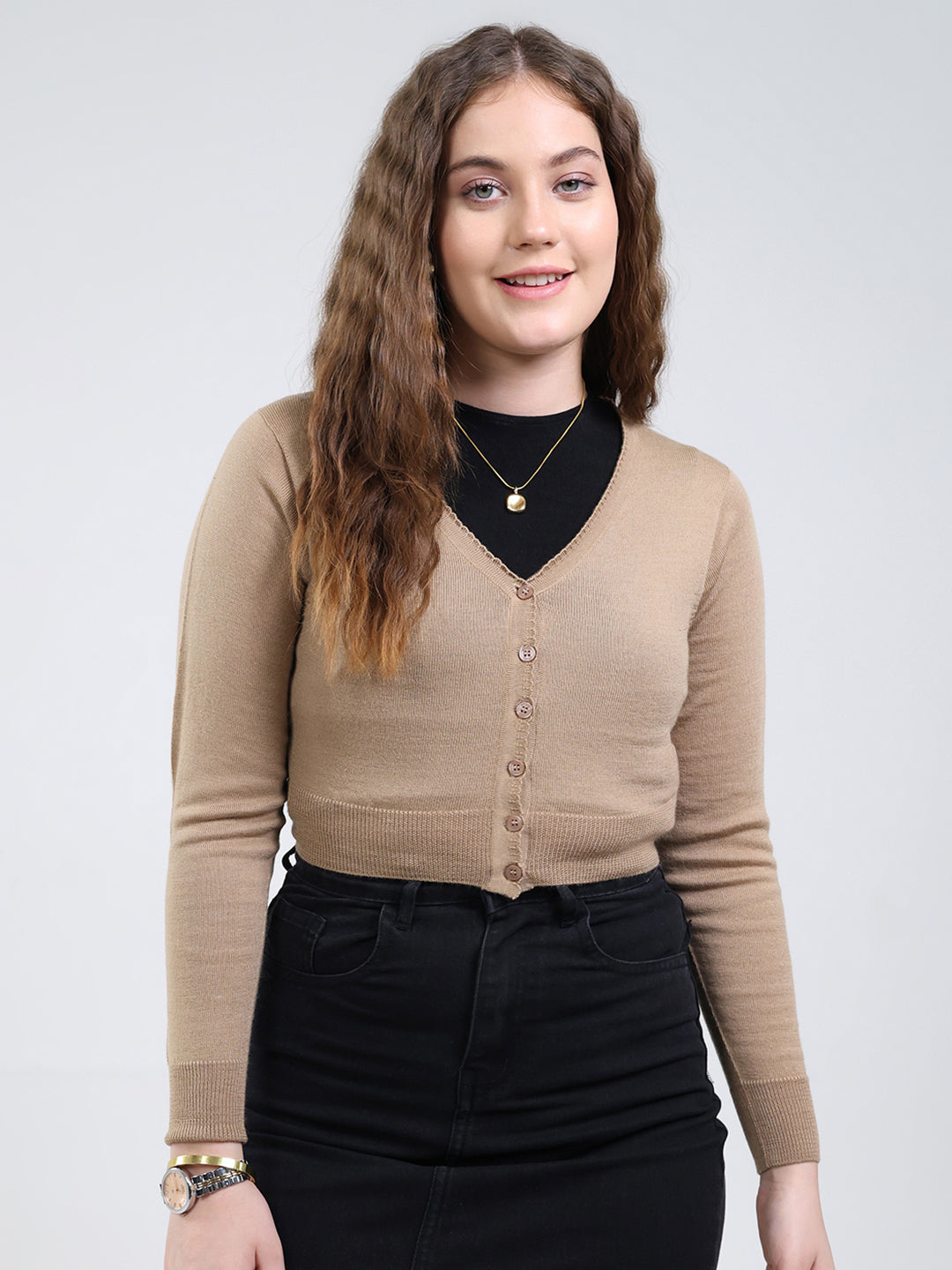 Women Brown Solid V Neck Full Sleeve Cardigan