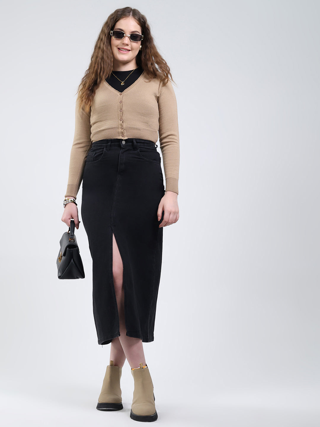 Women Brown Solid V Neck Full Sleeve Cardigan