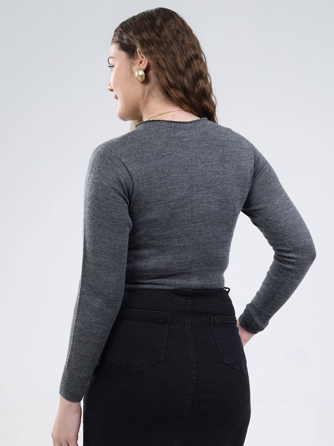 Women Grey Solid V Neck Full Sleeve Cardigan