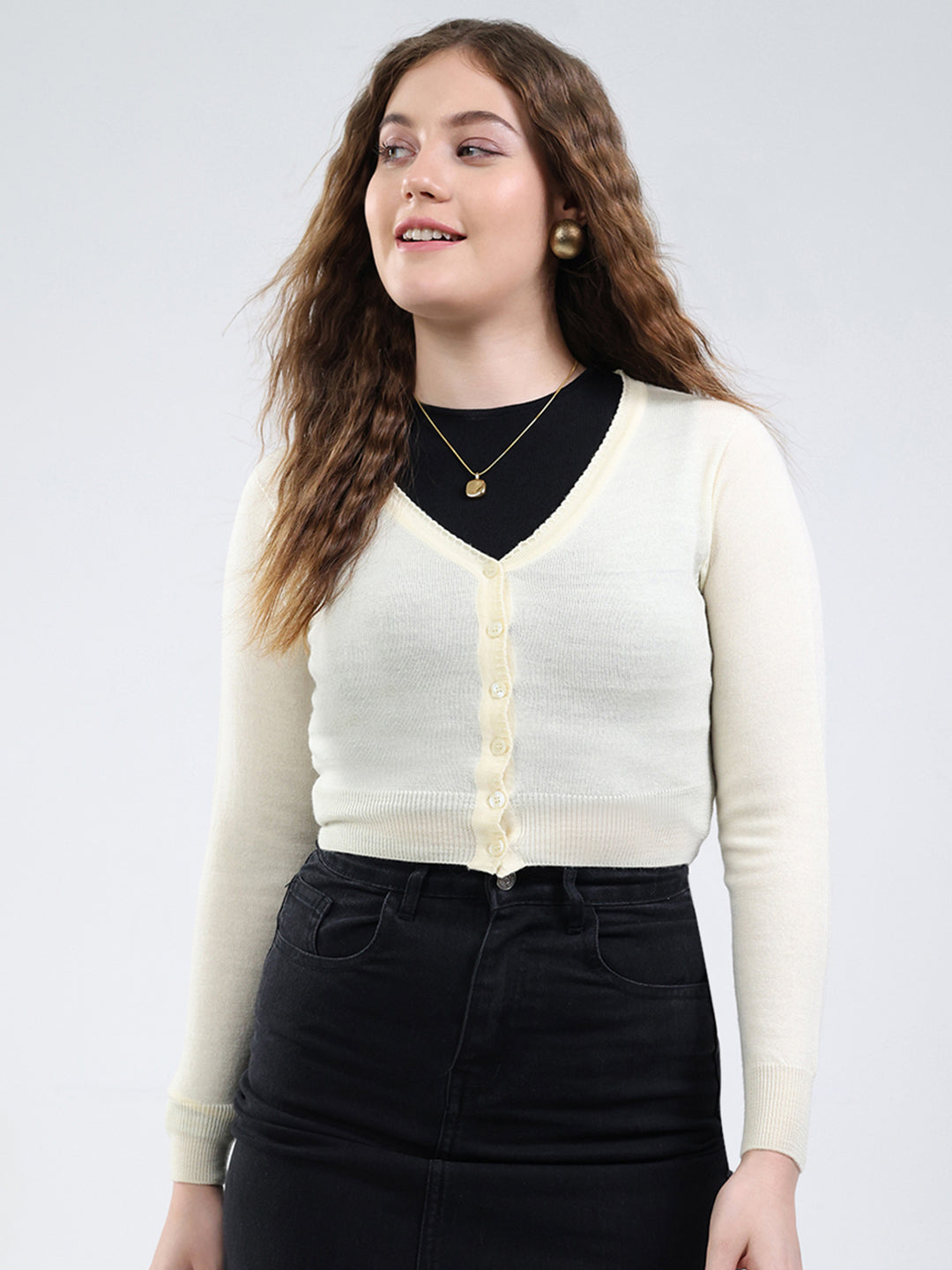 Women White Solid V Neck Full Sleeve Cardigan