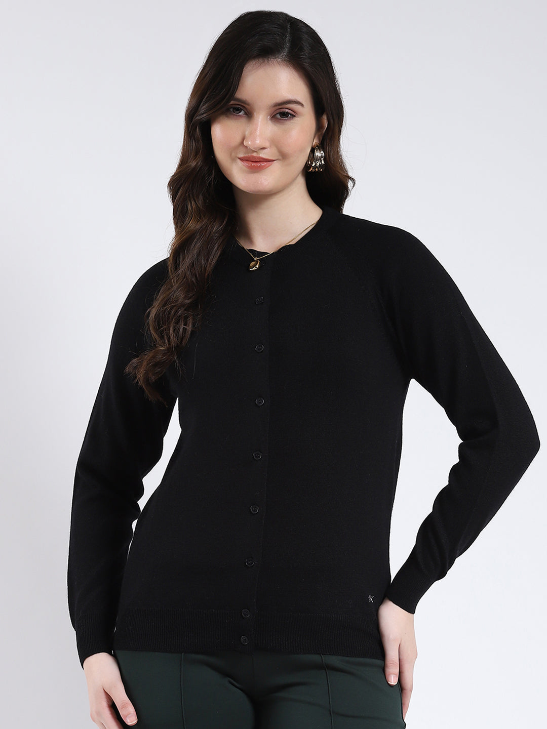 Women Black Solid Round Neck Full Sleeve Cardigan