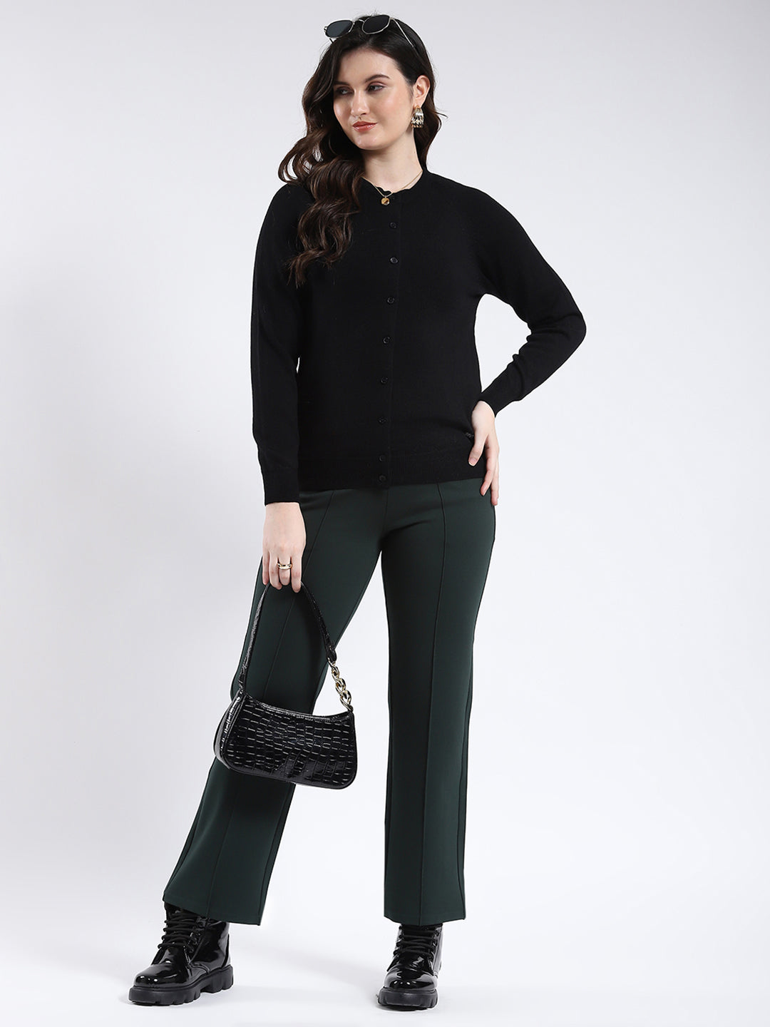 Women Black Solid Round Neck Full Sleeve Cardigan