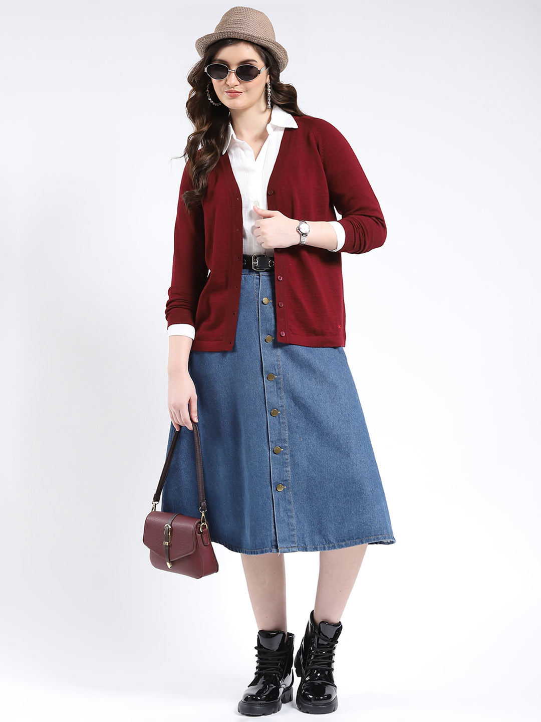 Women Maroon Solid V Neck Full Sleeve Cardigan
