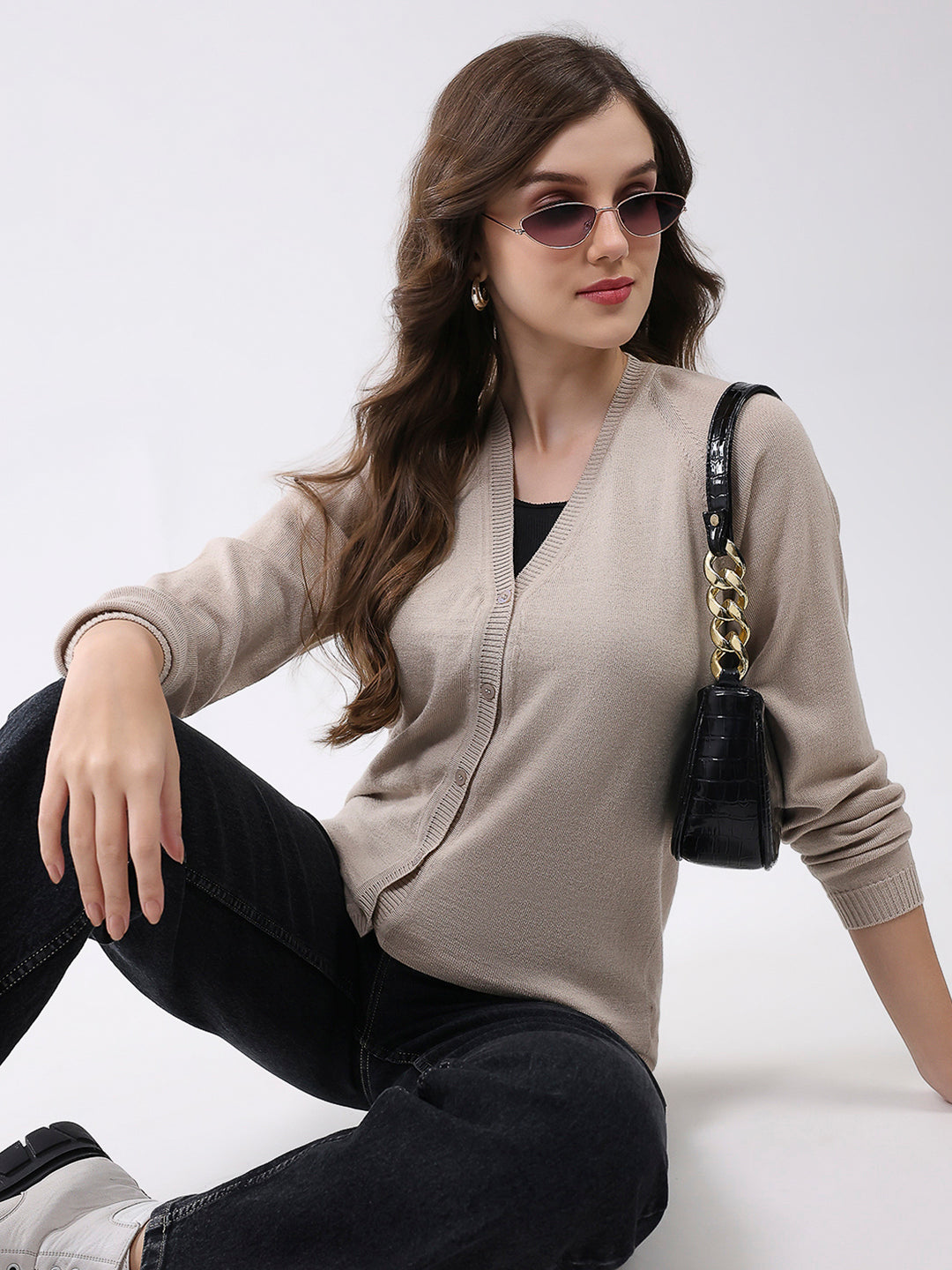 Women Beige Solid V Neck Full Sleeve Cardigan