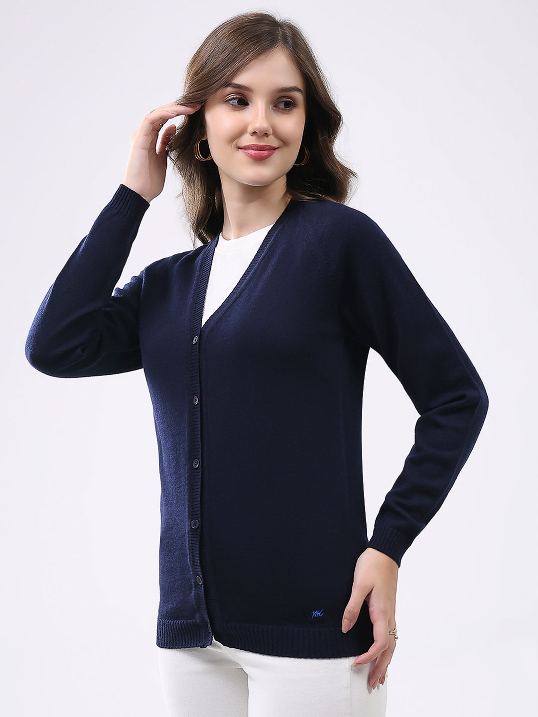 Women Navy Blue Solid V Neck Full Sleeve Cardigan