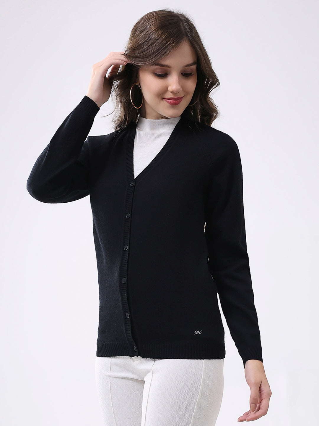 Women Black Solid V Neck Full Sleeve Cardigan