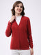 Women Red Solid V Neck Full Sleeve Cardigan