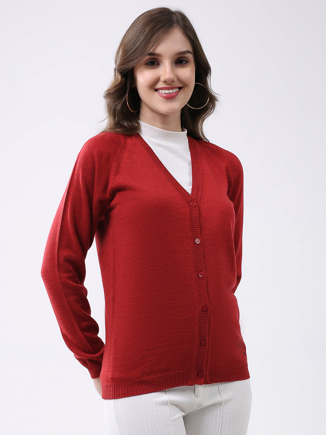 Women Red Solid V Neck Full Sleeve Cardigan
