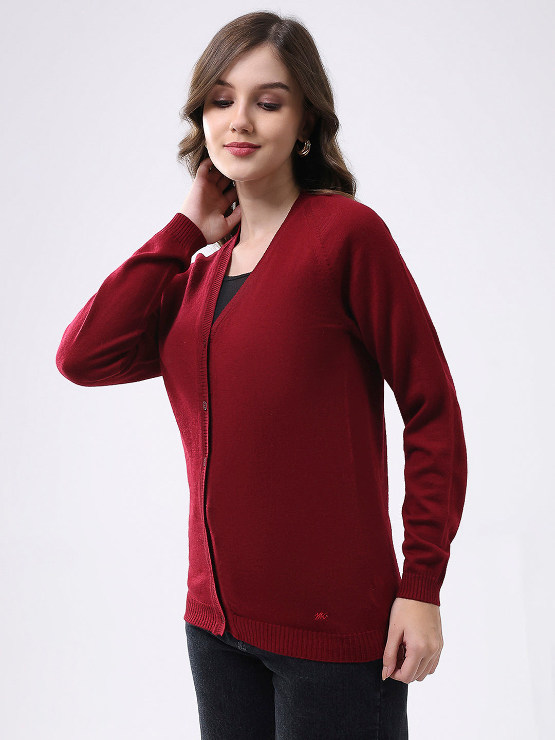 Women Maroon Solid V Neck Full Sleeve Cardigan