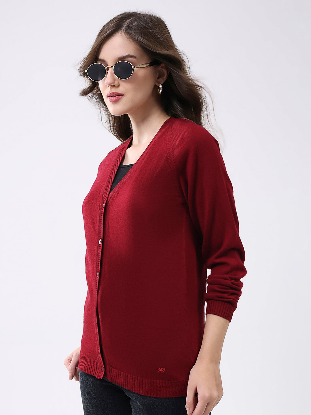 Women Maroon Solid V Neck Full Sleeve Cardigan