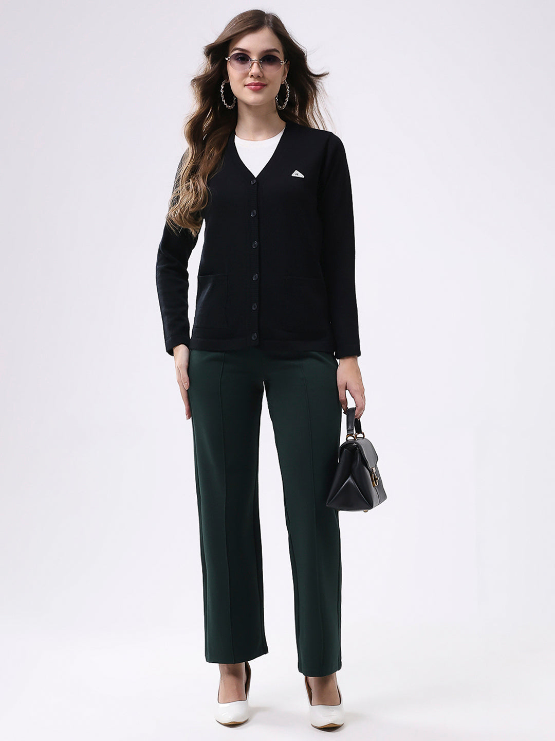 Women Black Solid V Neck Full Sleeve Cardigan