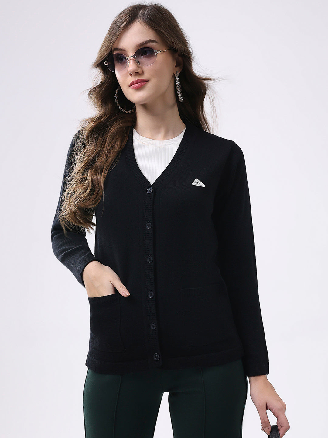 Women Black Solid V Neck Full Sleeve Cardigan