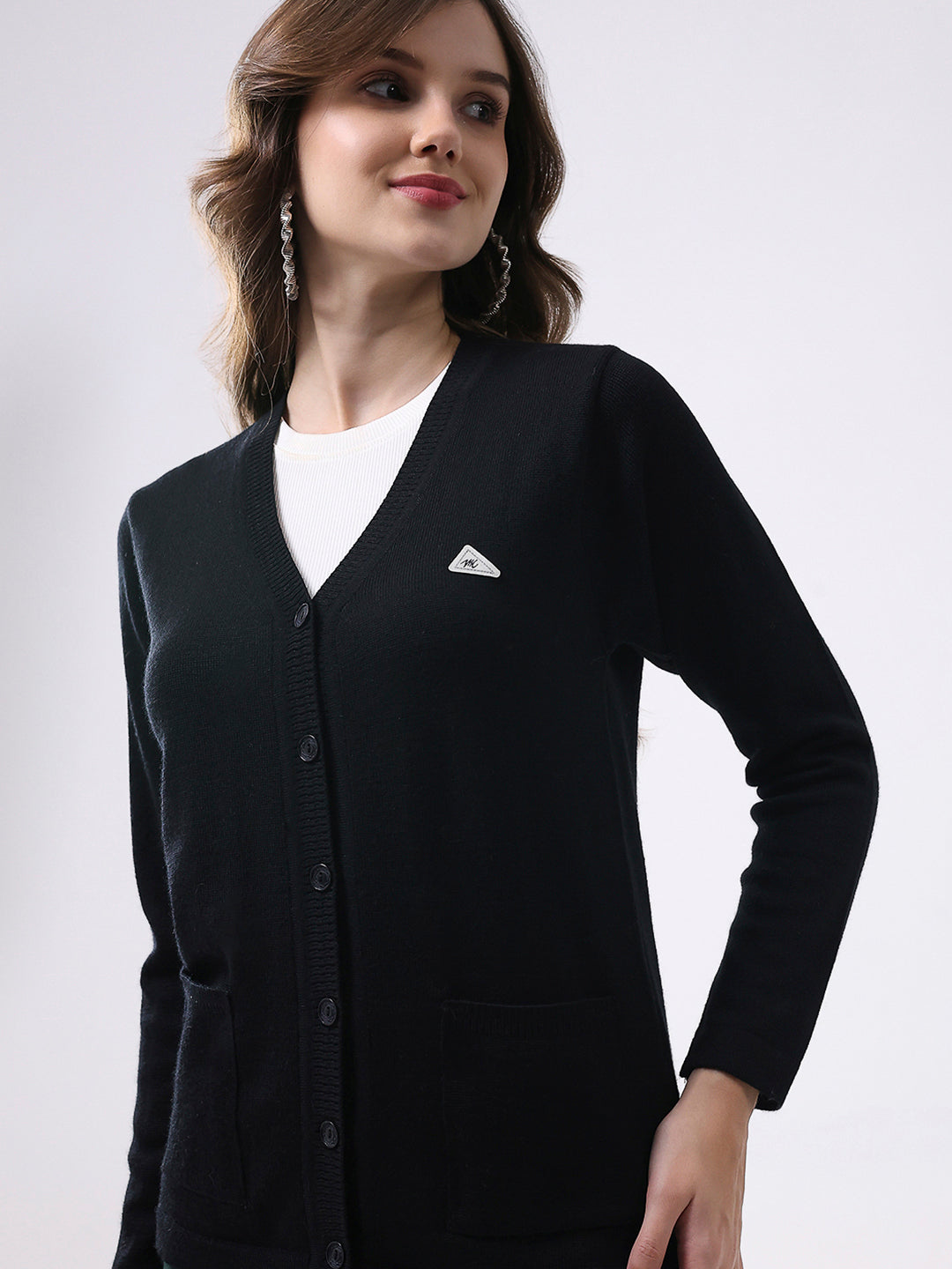 Women Black Solid V Neck Full Sleeve Cardigan