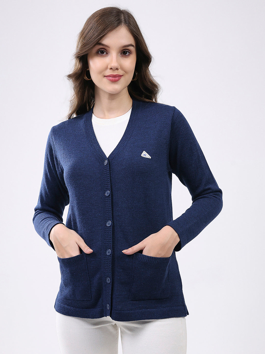 Women Navy Blue Solid V Neck Full Sleeve Cardigan