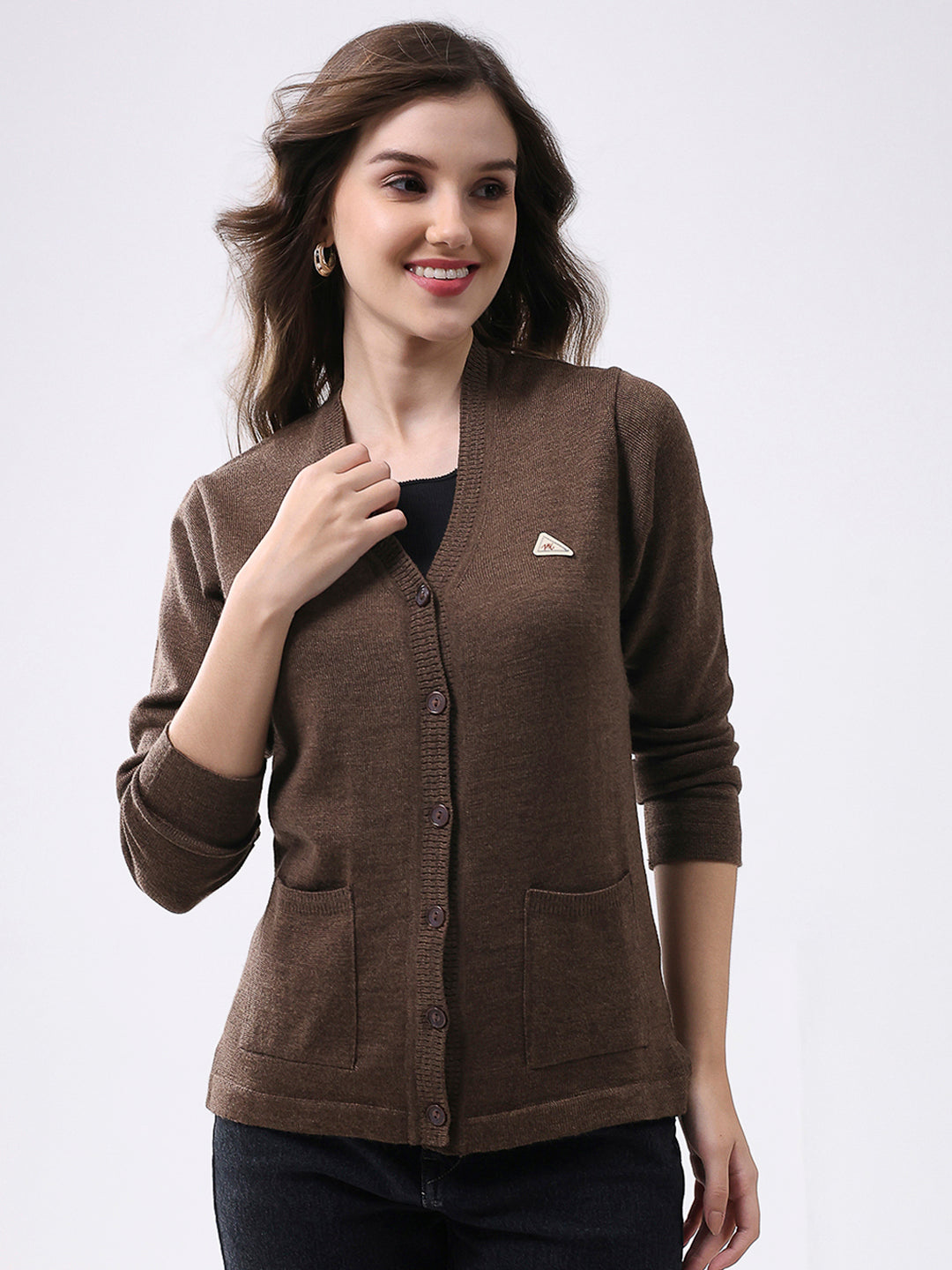 Women Brown Solid V Neck Full Sleeve Cardigan
