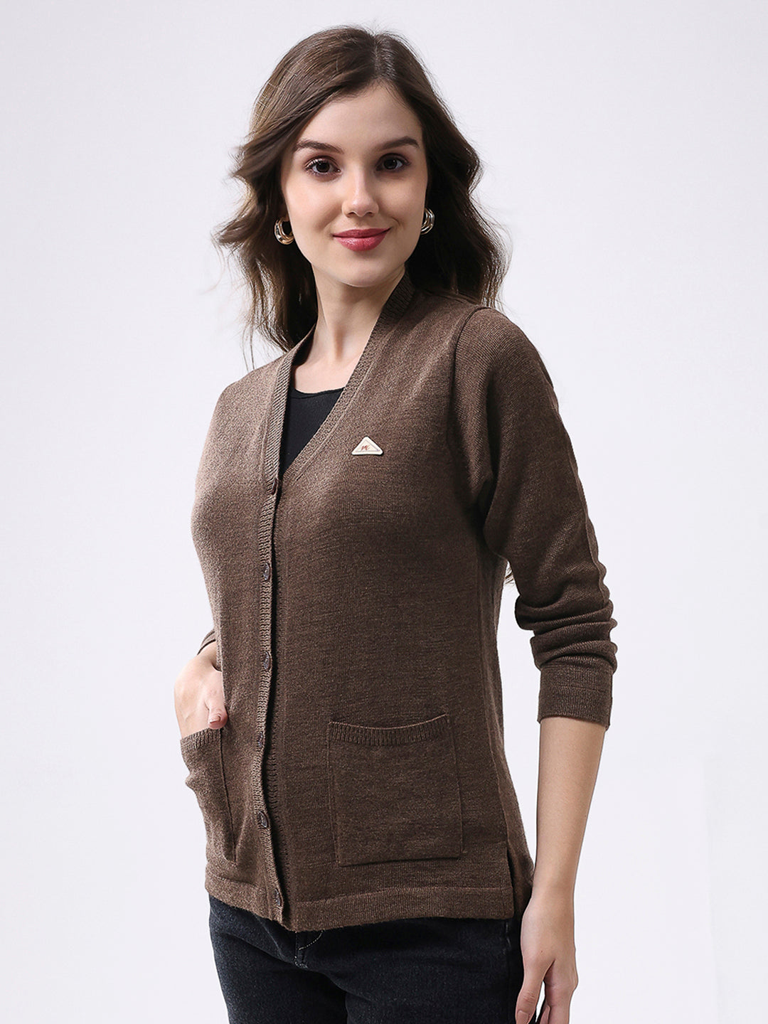 Women Brown Solid V Neck Full Sleeve Cardigan