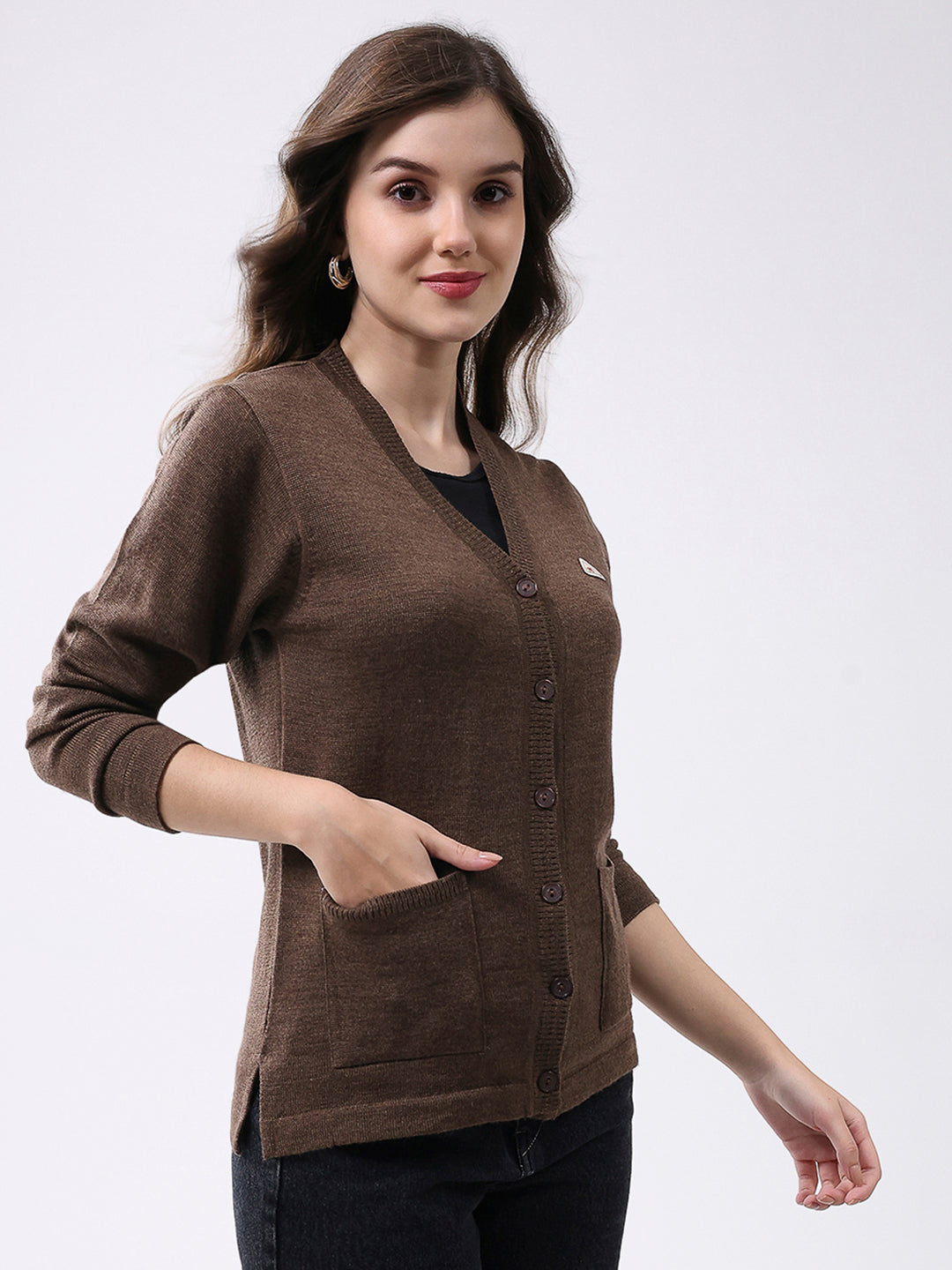 Women Brown Solid V Neck Full Sleeve Cardigan