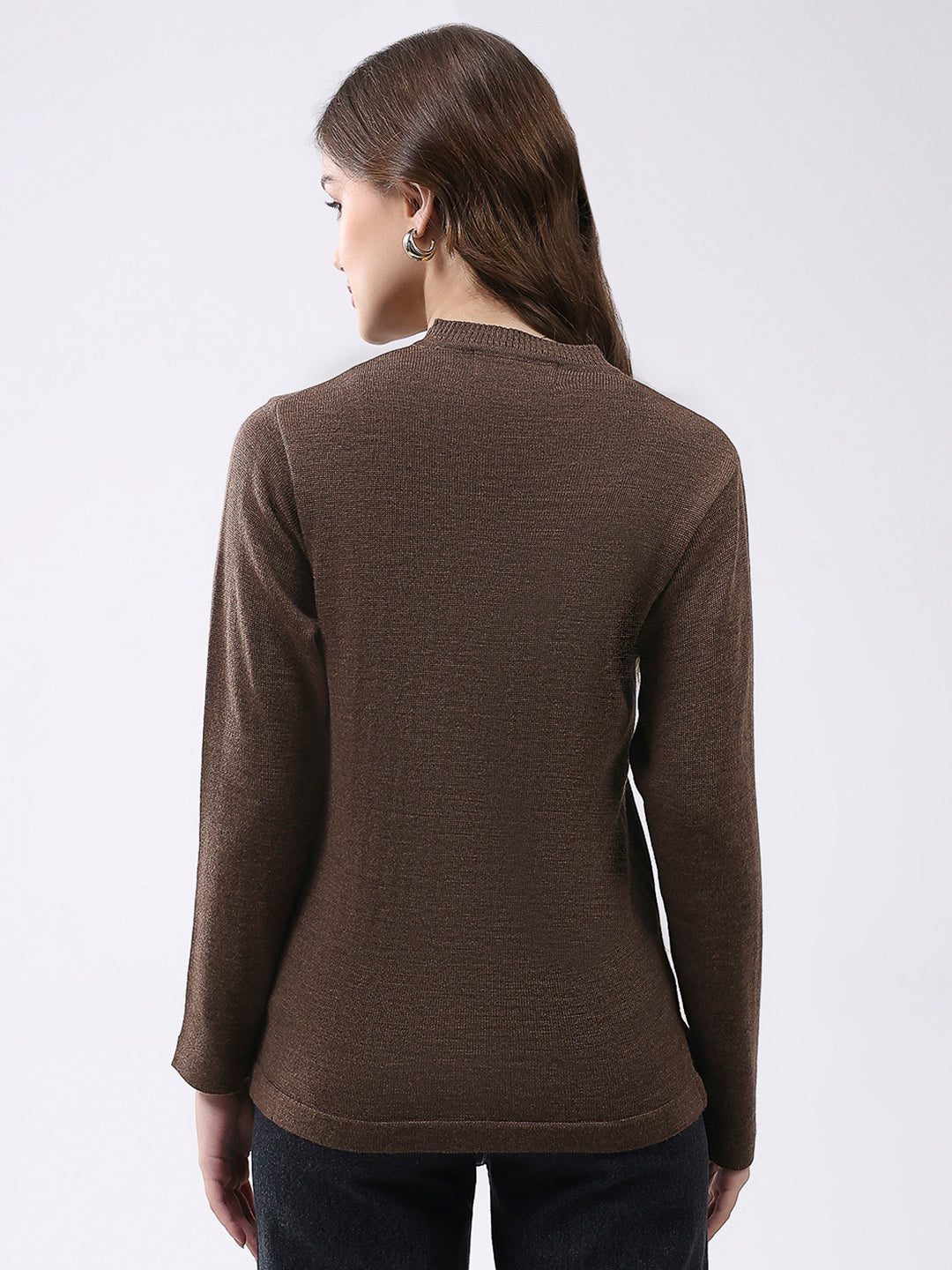Women Brown Solid V Neck Full Sleeve Cardigan