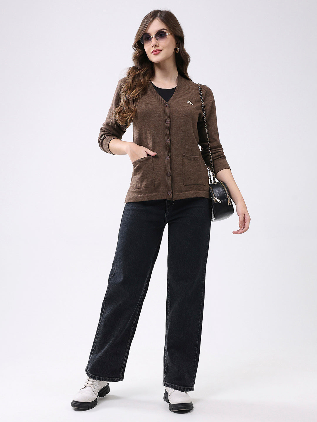 Women Brown Solid V Neck Full Sleeve Cardigan