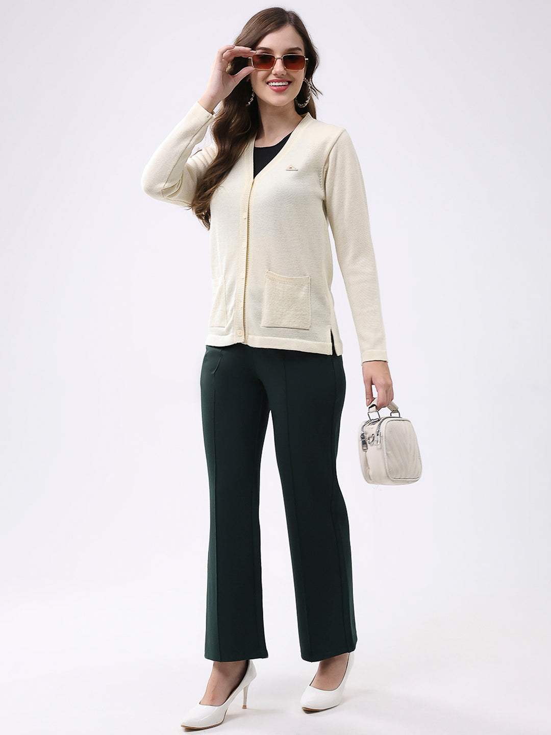 Women Off White Solid V Neck Full Sleeve Cardigan