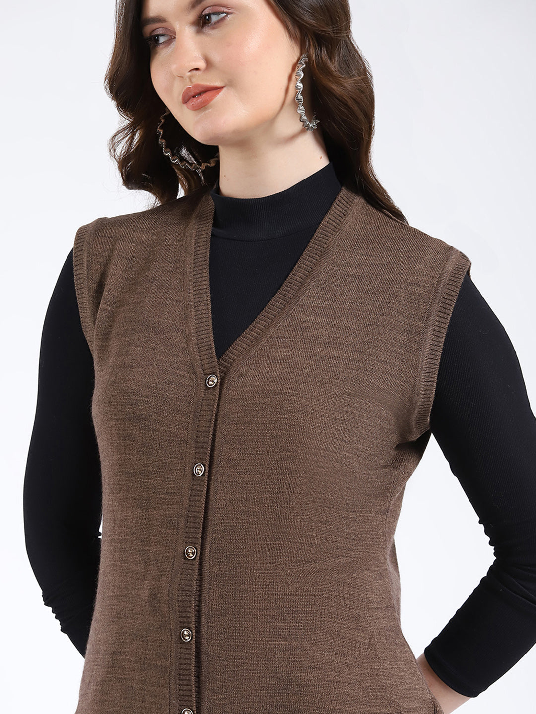 Women Brown Solid V Neck Sleeveless Cardigan