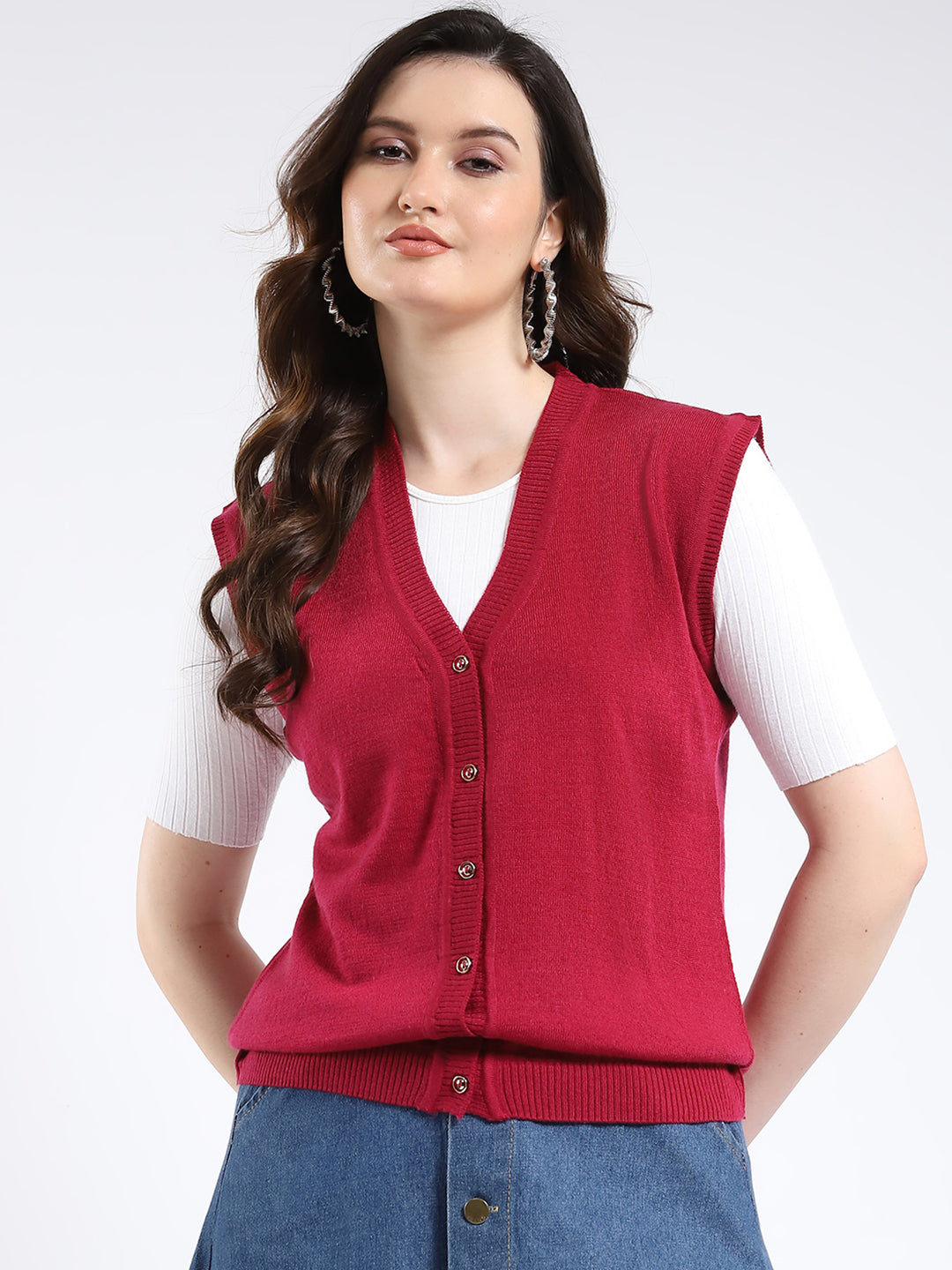 Women Red Solid V Neck Sleeveless Cardigan