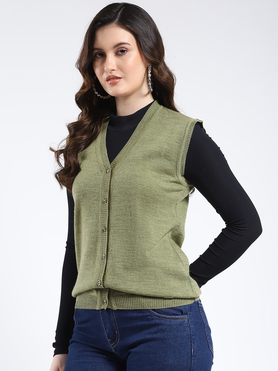 Women Olive Solid V Neck Sleeveless Cardigan