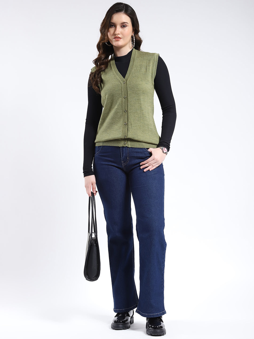 Women Olive Solid V Neck Sleeveless Cardigan