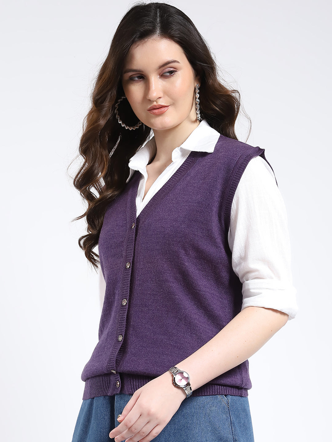 Women Purple Solid V Neck Sleeveless Cardigan