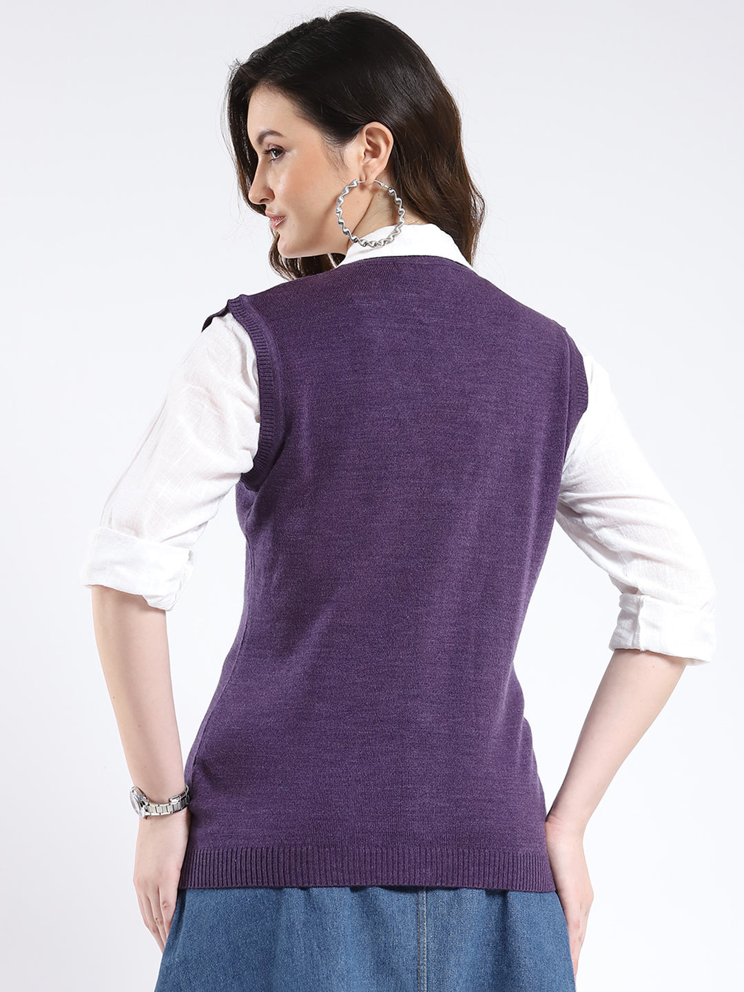 Women Purple Solid V Neck Sleeveless Cardigan