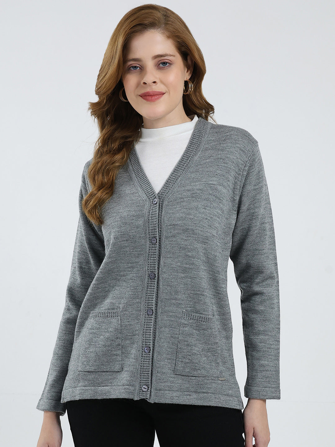 Women Grey Solid V Neck Full Sleeve Cardigan