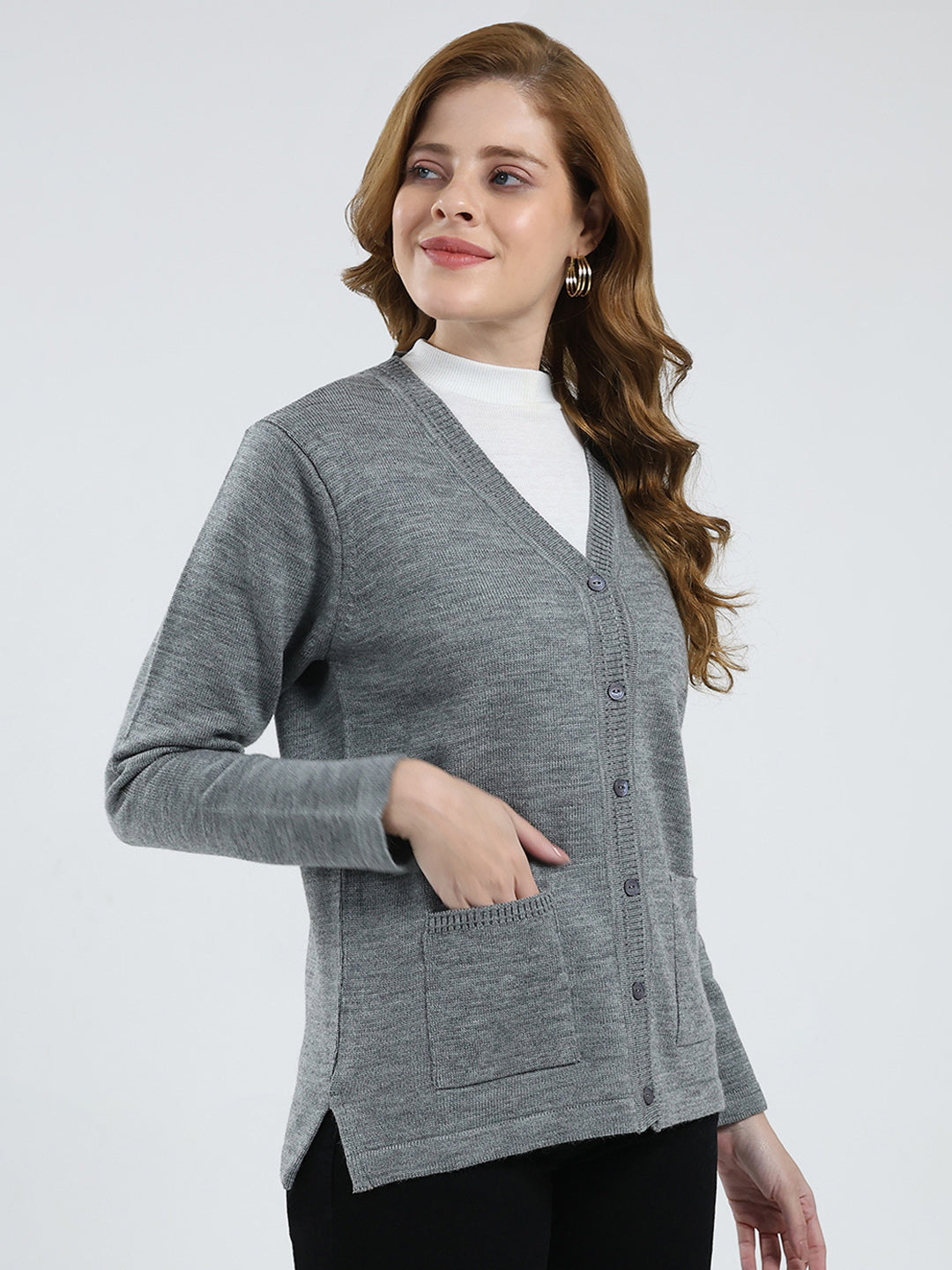 Women Grey Solid V Neck Full Sleeve Cardigan