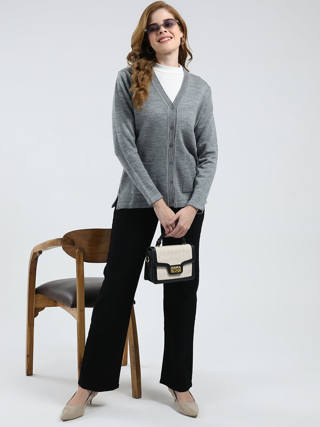 Women Grey Solid V Neck Full Sleeve Cardigan