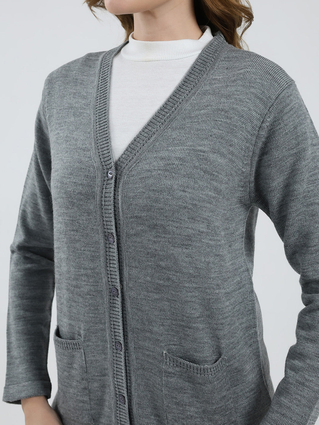 Women Grey Solid V Neck Full Sleeve Cardigan