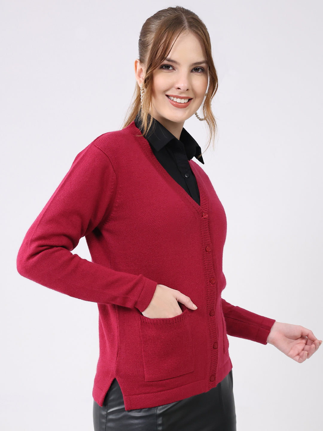 Women Maroon Solid V Neck Full Sleeve Cardigan