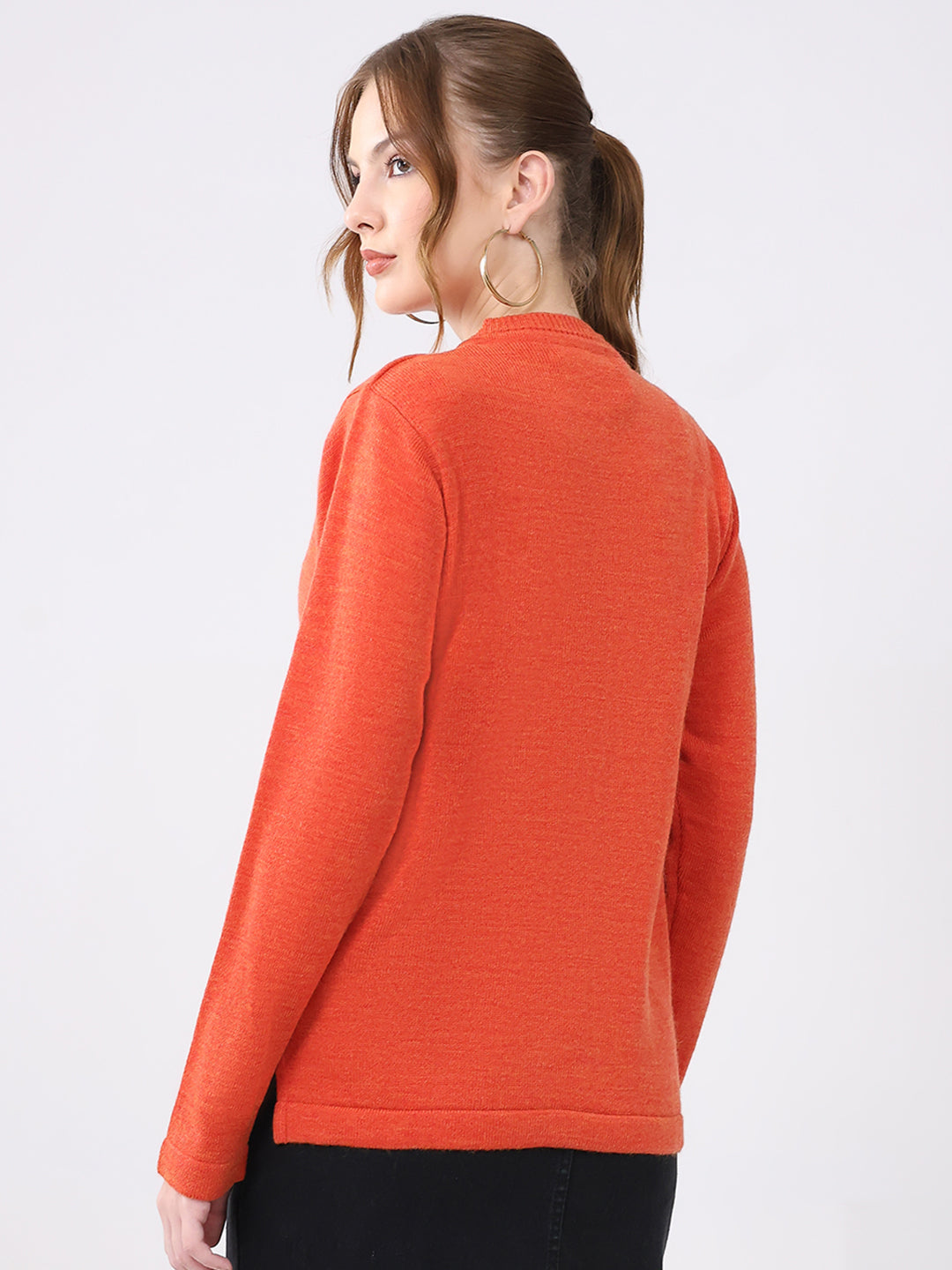 Women Orange Solid V Neck Full Sleeve Cardigan