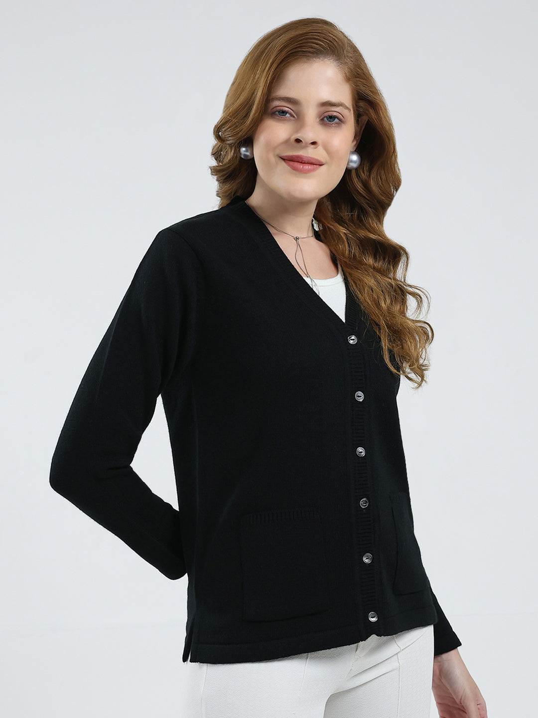 Women Black Solid V Neck Full Sleeve Cardigan