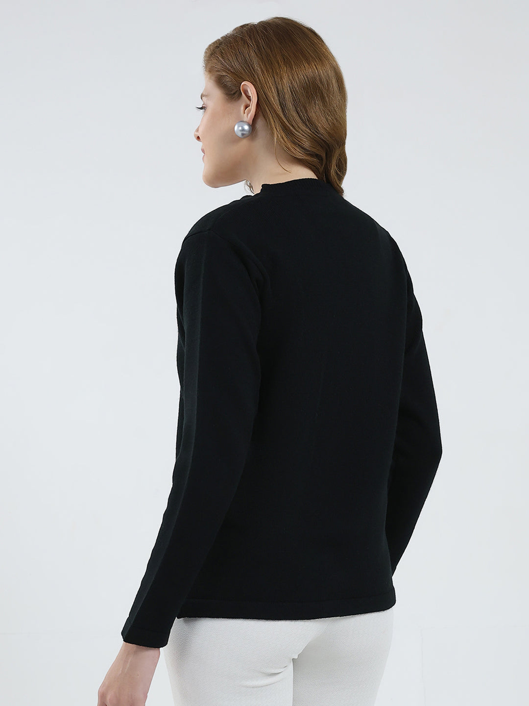 Women Black Solid V Neck Full Sleeve Cardigan