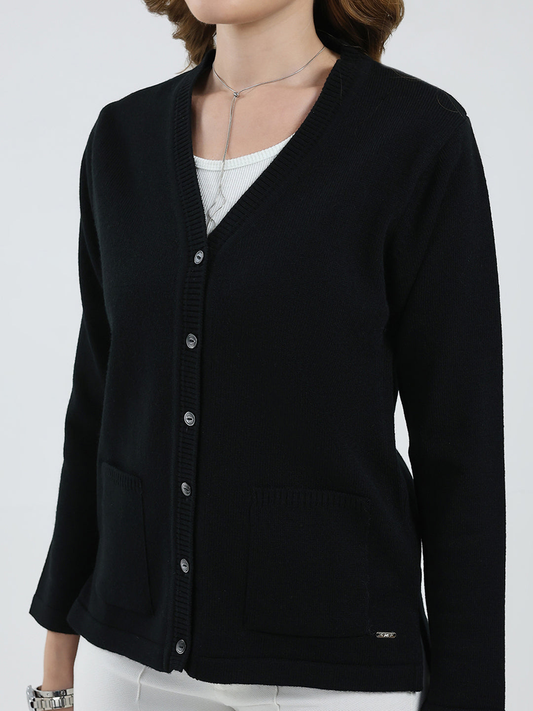 Women Black Solid V Neck Full Sleeve Cardigan