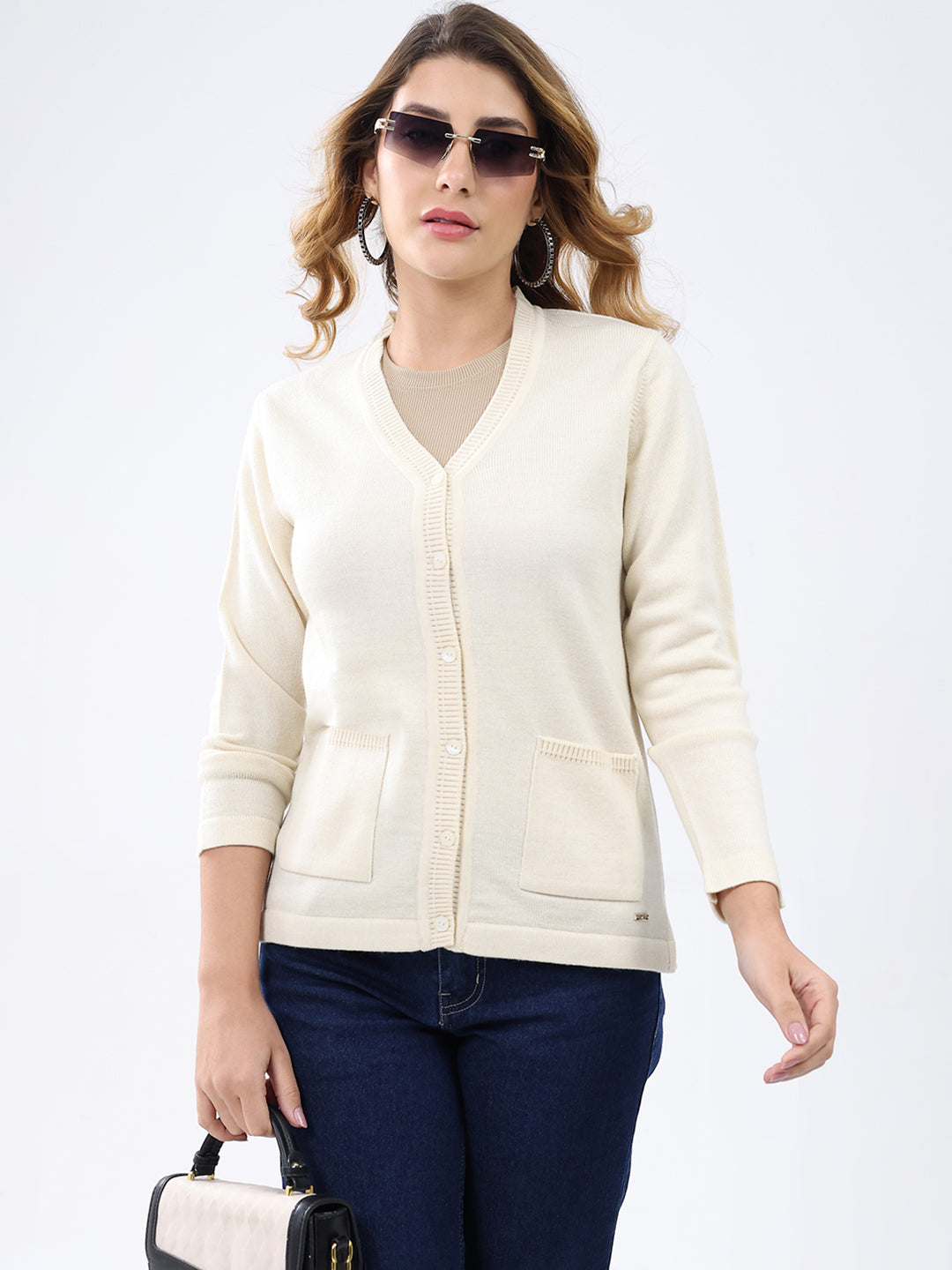 Women Cream Solid V Neck Full Sleeve Cardigan