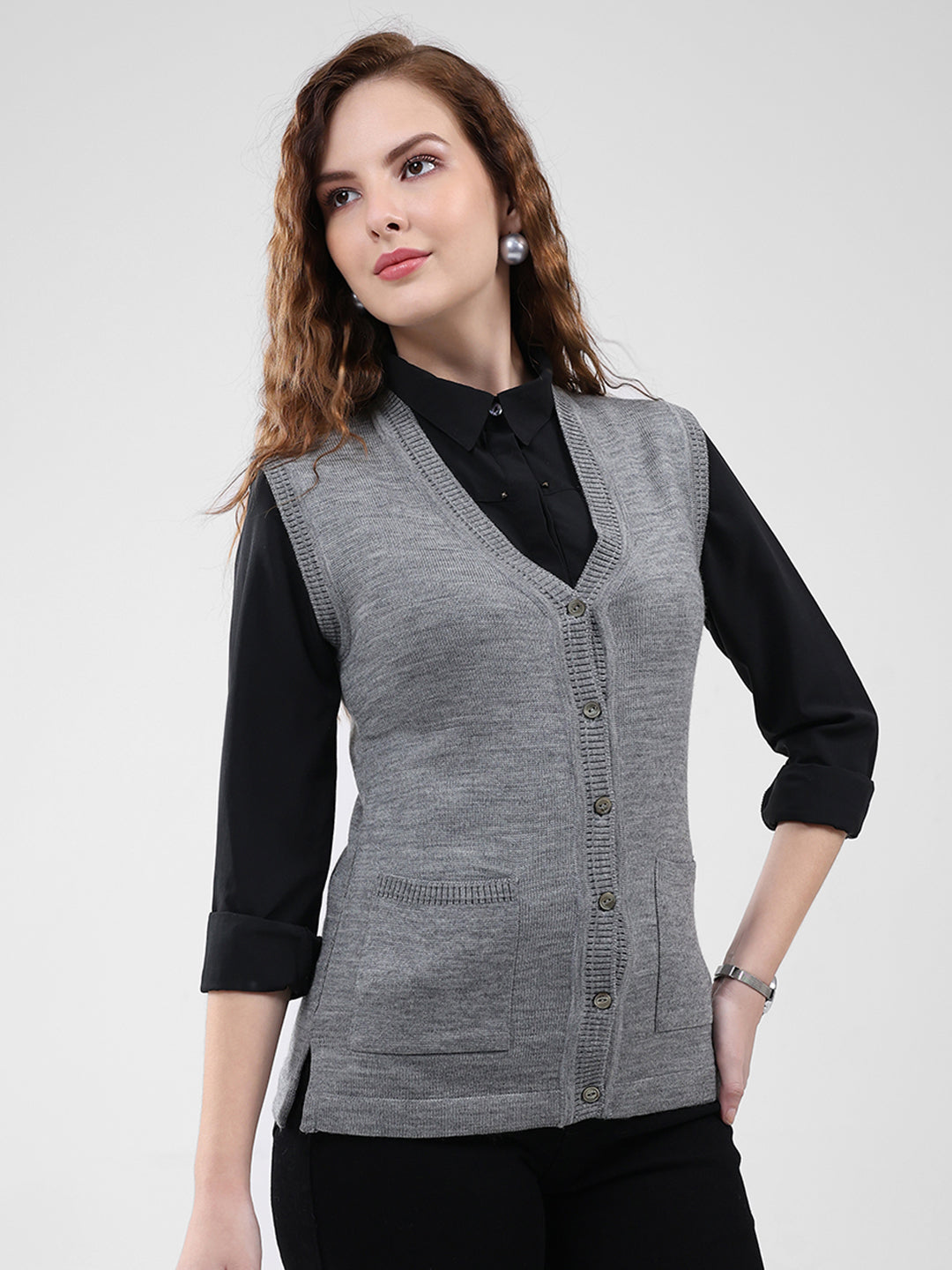 Women Grey Solid V Neck Sleeveless Cardigan