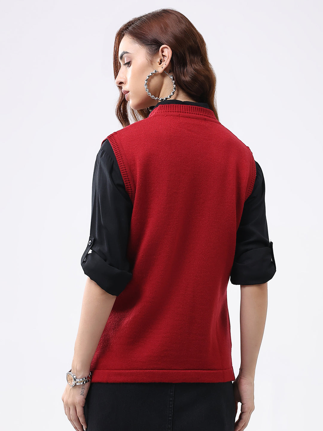 Women Red Solid V Neck Sleeveless Cardigan