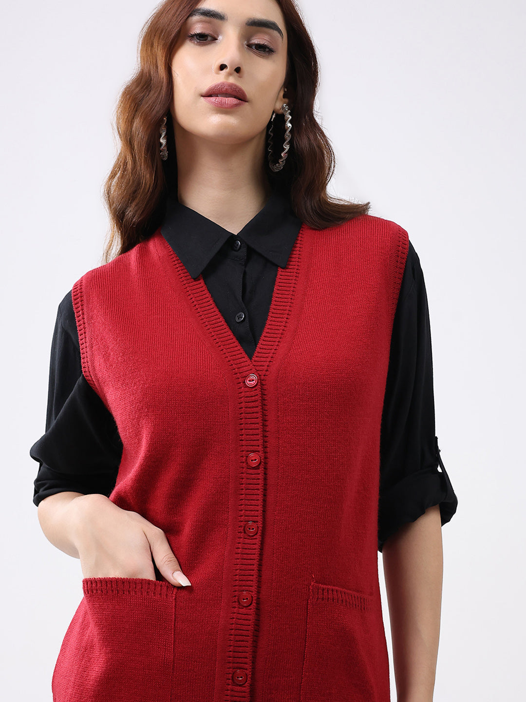 Women Red Solid V Neck Sleeveless Cardigan