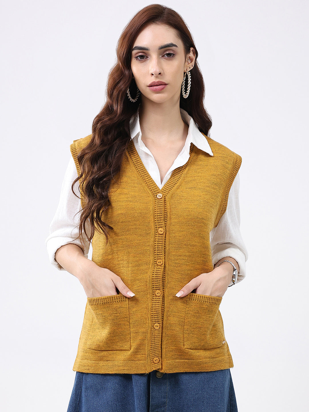 Women Mustard Solid V Neck Sleeveless Cardigan