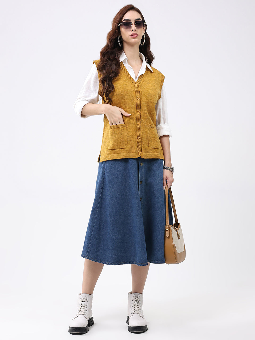 Women Mustard Solid V Neck Sleeveless Cardigan